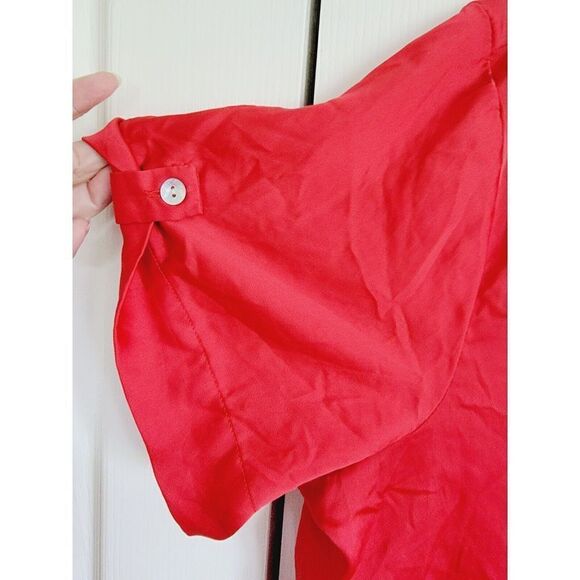 Chico's 3 Silk Blouse Red Button Front Short Sleeve Top Mandarin Collar - Picture 4 of 6